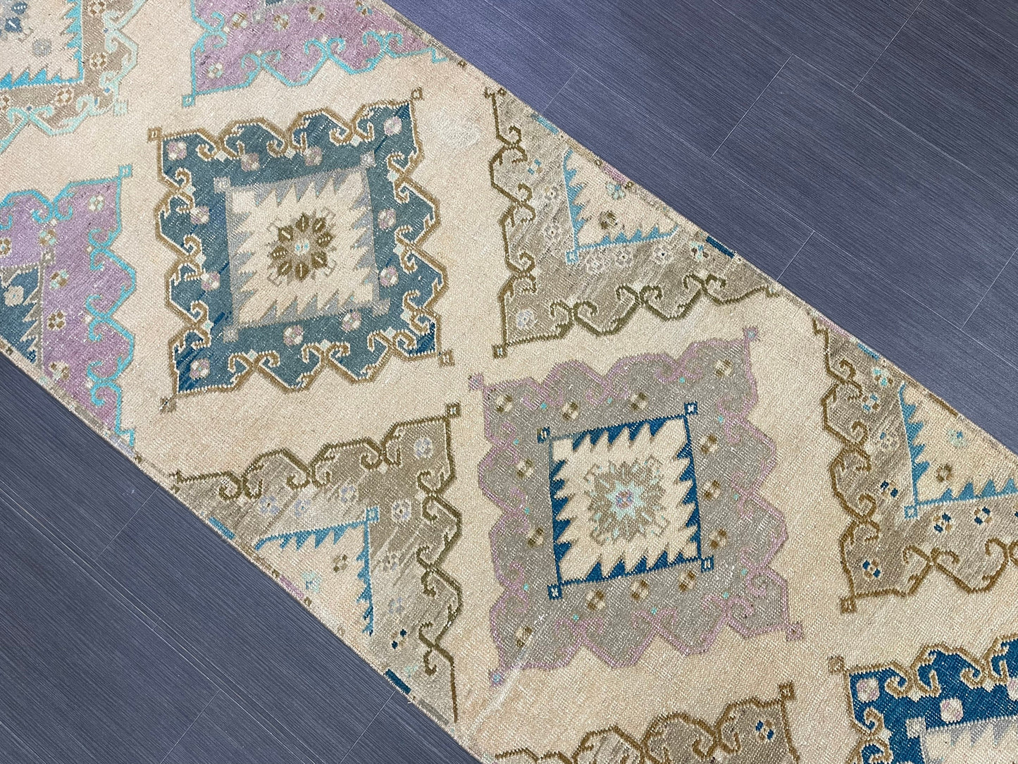 Hand Knotted Vintage Runner Rug 2.9 x 13.3 ft Muted Turkish runner rug Oushak Runner Hallway Rug runner Hand Knotted Star Runner Rug