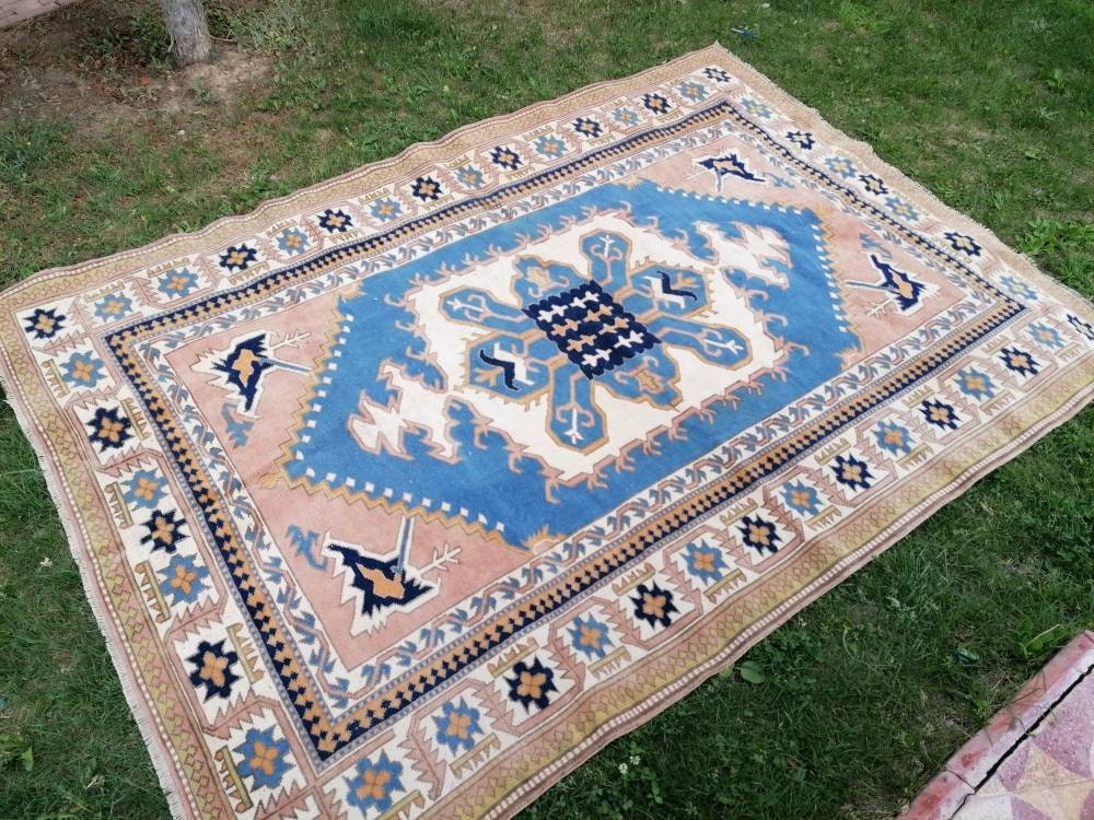 Turkish oushak wool rug 6'8x9'6 large blue rug, vintage handmade rug bohemian rug living room rug