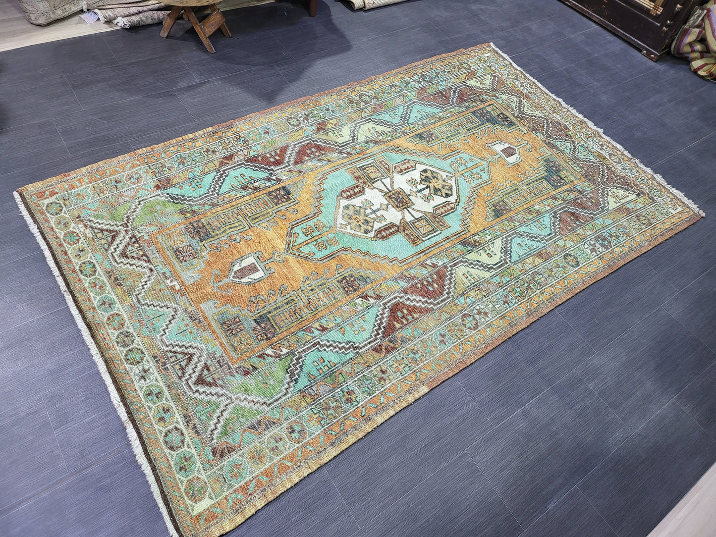 4.9 x 7.9 Rug, Handmade Rug, Oushak Rug, Anatolian Rug, Hand Knotted Turkish Rug, burnt orange and turquoise Rug, Vintage Rug, Wool rug