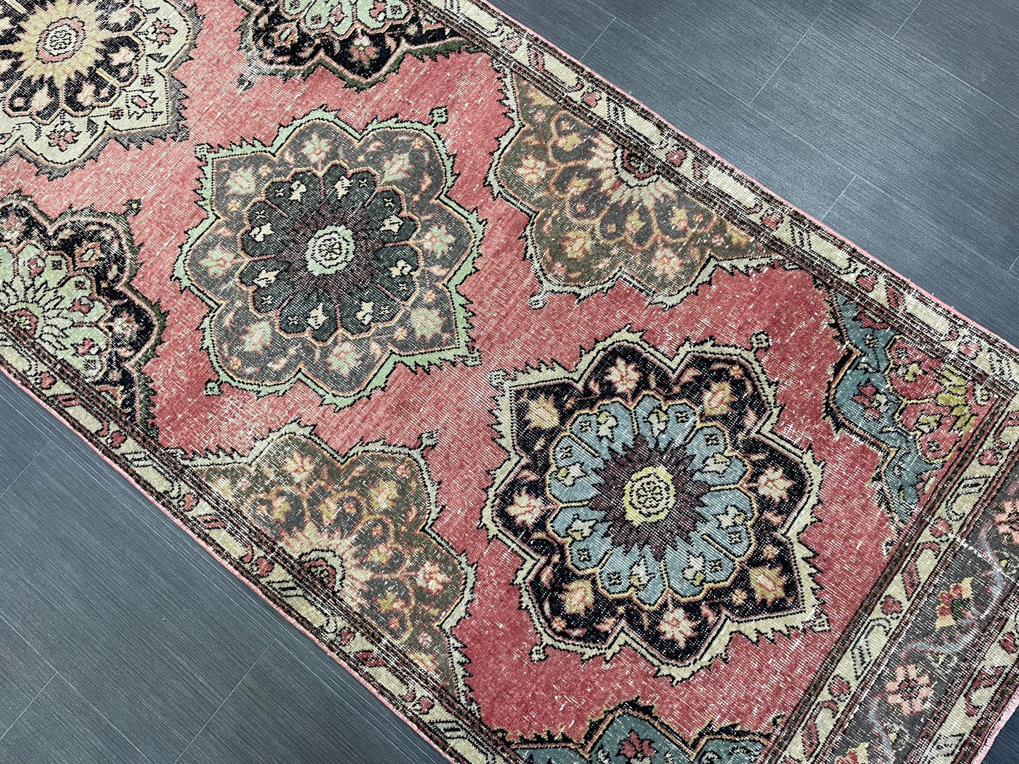 Hand Knotted Runner Rug, Vintage 3.4 x 12.7 Runner Rug, Oushak Runner Rug, Turkish Runner Rug Kitchen Runner Rug Wool Runner