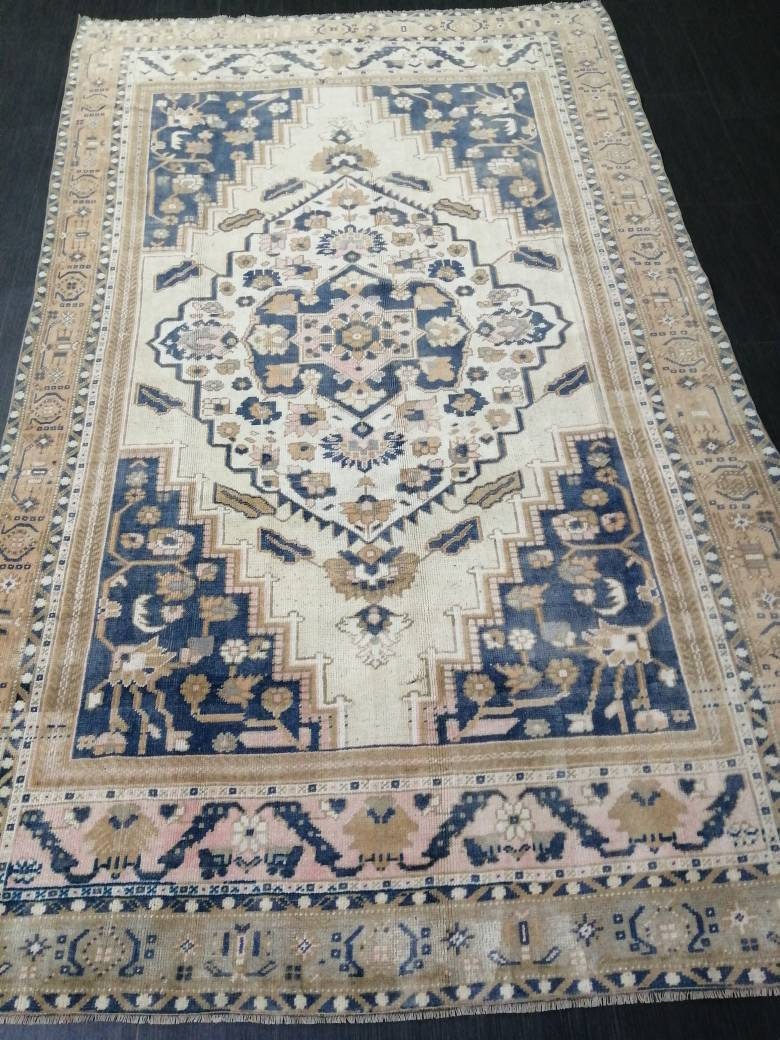 Vintage Oriental RUG 5.5 x 9 Oushak Rug Turkish Vintage Persian Rug Navy Vintage Rug Fine Wool Oushak Rugs Turkish Rug Muted Living room Rug