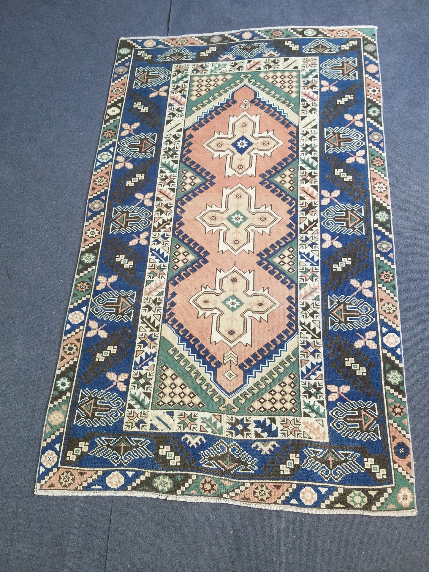 Vintage blue rug,turkish oushak rug 6'8x4'2 wool rug