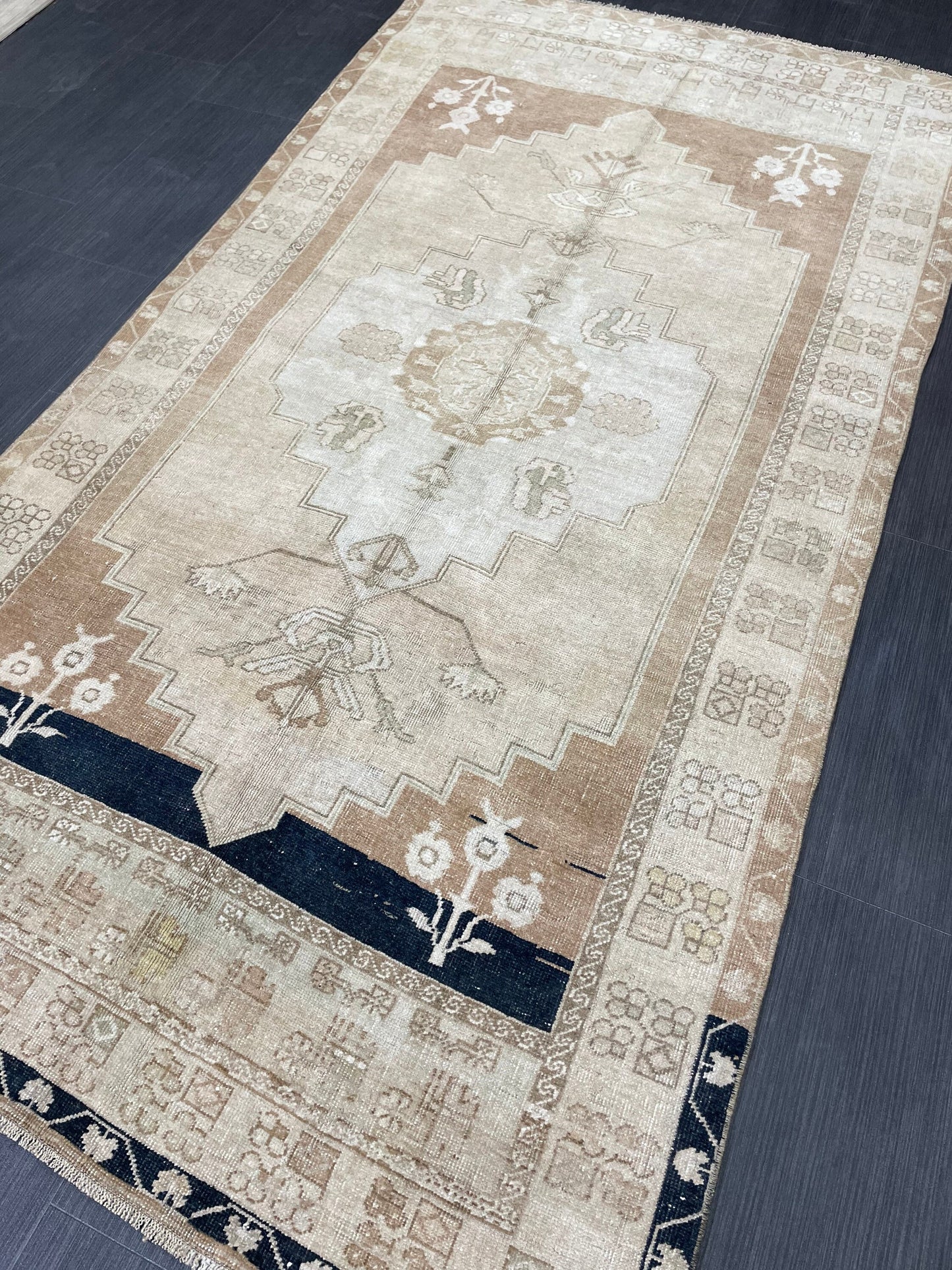 MUTED Handmade 4 x 7.3 Rug Vintage Turkish Rug Brown Soft wool Rug NATURAL Wool Rug, Living Room Rug, Oushak Rug, Hand Knotted Kitchen Rug