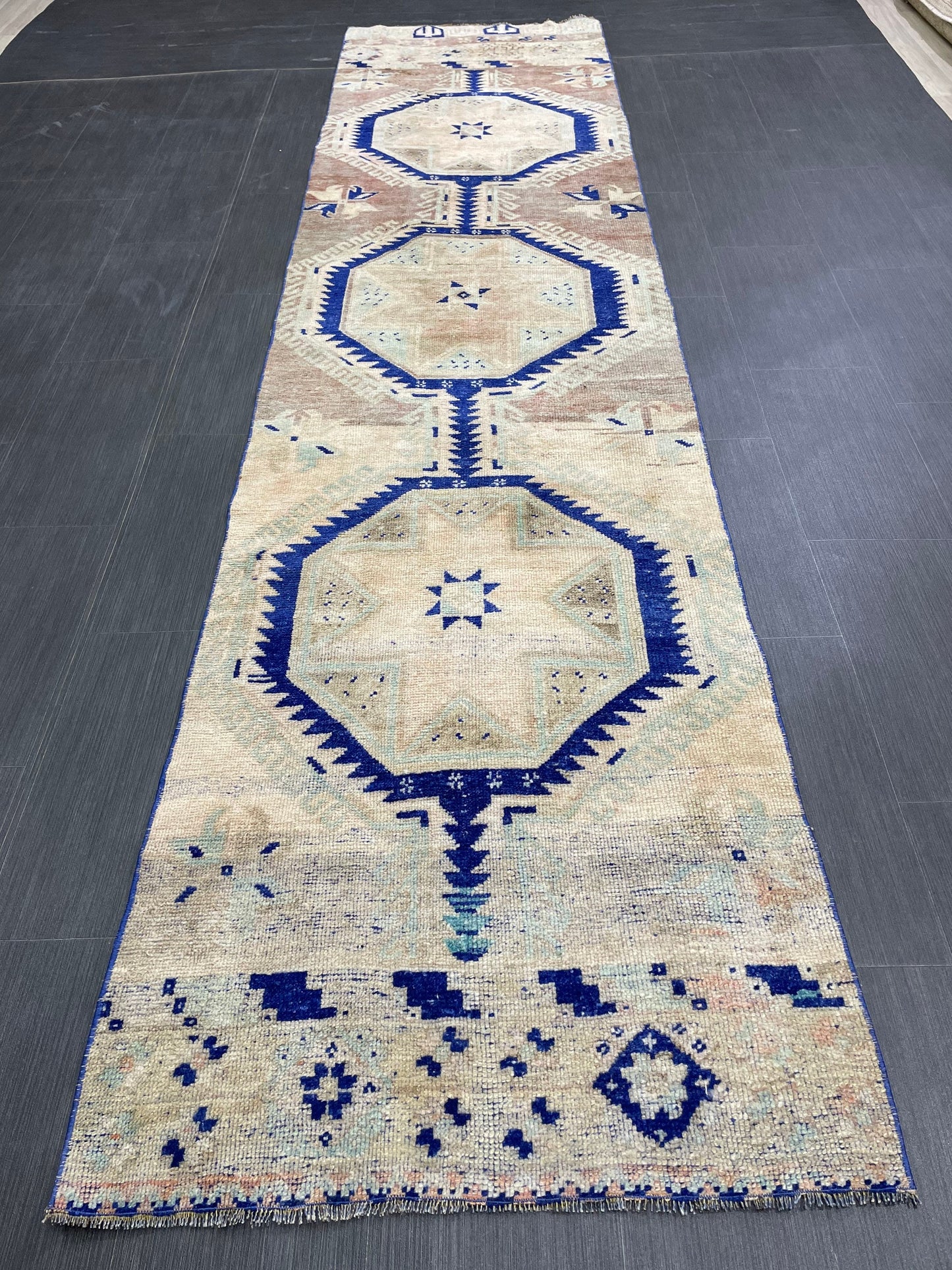 Muted Vintage Runner Rug 2.8 x 11.4 Muted Turkish Runner Star Rug Navy Oushak Runner Rug Hallway Runner Kitchen Runner Rug Wool Runner