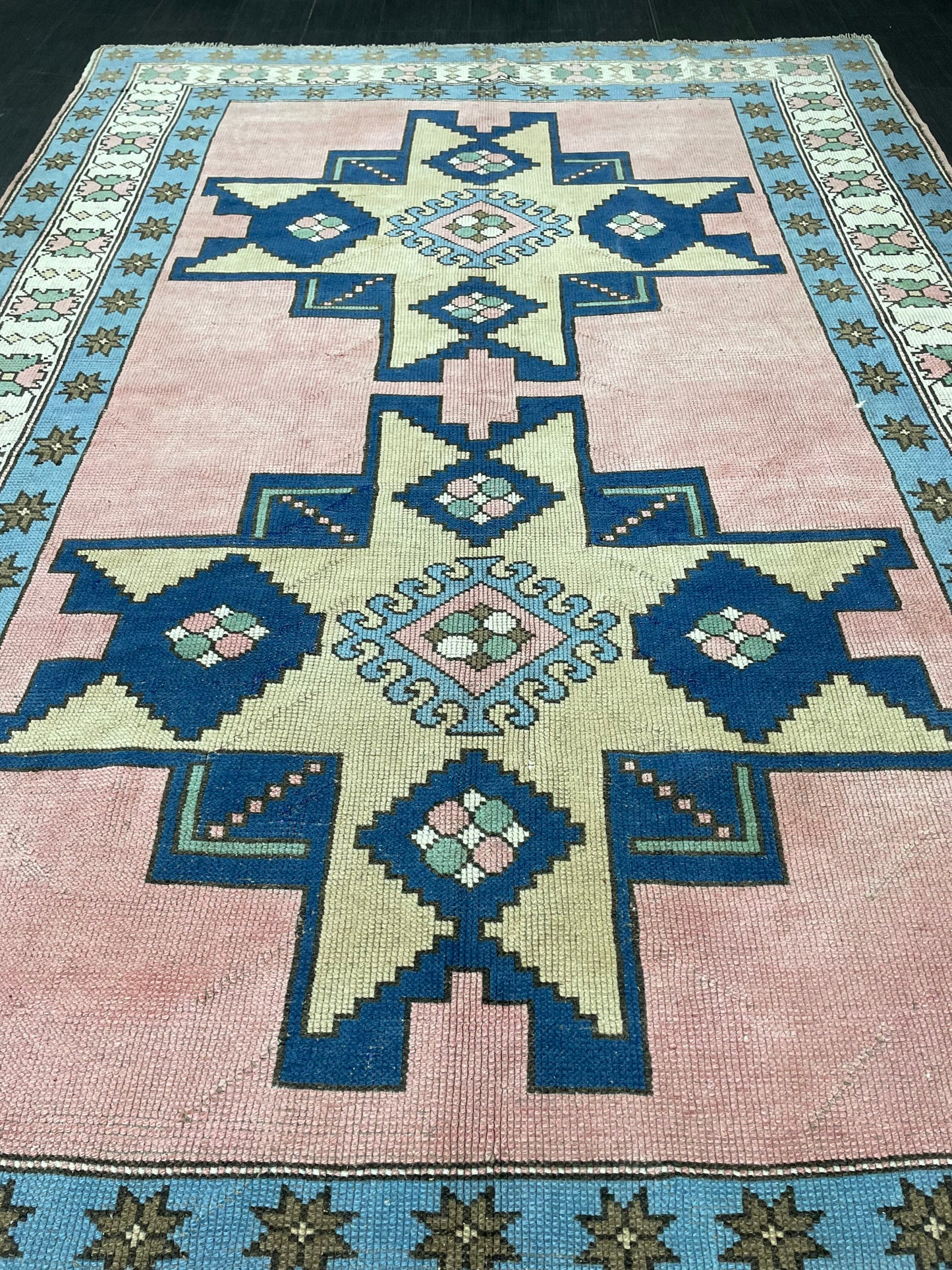 Wool OUSHAK RUG TURKISH 6.6 x 10 Rug Vintage Oriental Rug Vintage Handmade Rug Wool Vintage Pink and Blue Rug Hand Knotted Rug