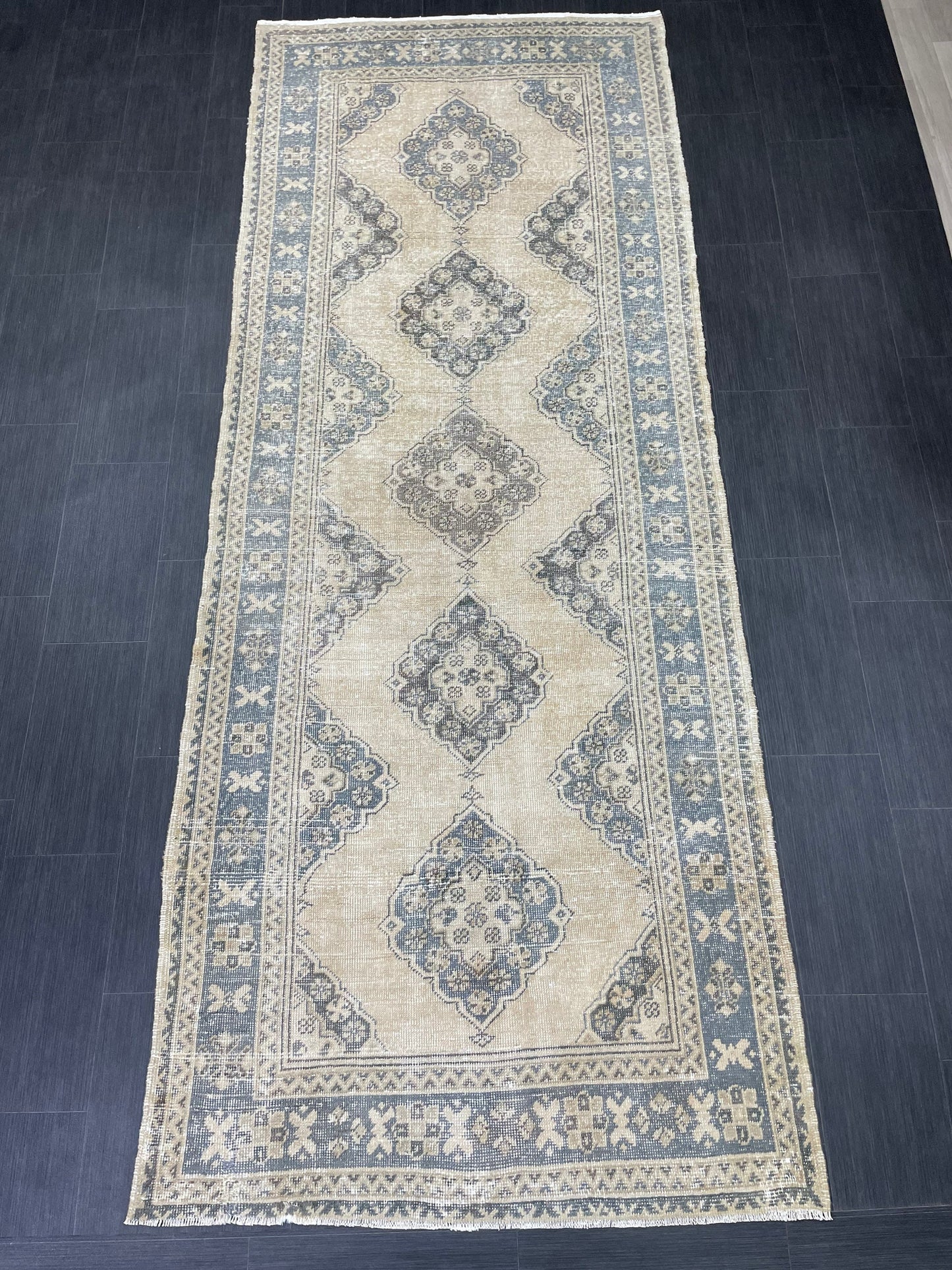 Vintage Hand Knotted Rug Vintage 4.2 x 11 Runner Muted Runner Rug Turkish Runner Rug Vintage Runner Rug Star Kitchen Runner Most See Rug