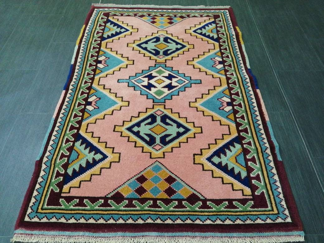 3 x 4.5 PINK AND NAVY Rug Hand Made Rug, High Pile Oushak Rug, Boho Rug, Oriental Rug Plush Turkish Rug, Farmhouse Rug, Vintage Wool rug