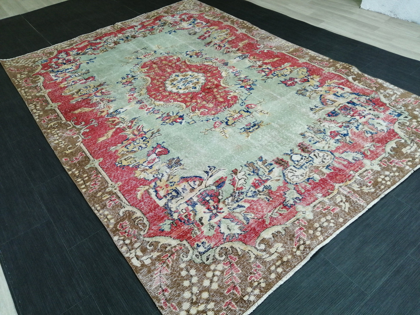 9.5x6.7 Rugs, Hand Made Rug, Oushak Rug, Rustic Rug, Light Green And Red Rug, Rug Runner, Turkish Rug, Farmhouse Rug, Vintage Rug, Wool rug