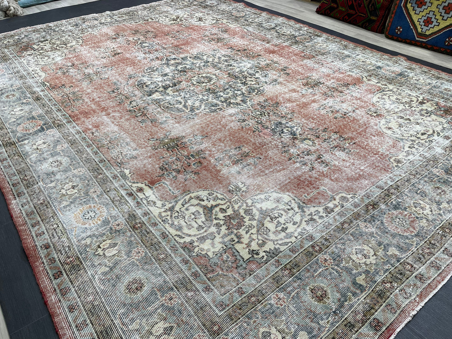 Muted OUSHAK RUG TURKISH 8.8 x 12 Rug Distressed Vintage Rug Wool Hand Knotted Rug Large Handmade Rug 8x11 Vintage Turkish 9x12 Rug