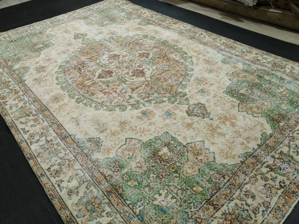 OUSHAK RUG Persian Rug 6.8 x 10.4 TURKISH Rug Vintage Wool Rug Muted Vintage Oriental Rug Wool Oushak Rug Hand Made Rugs Green Vintage Rug