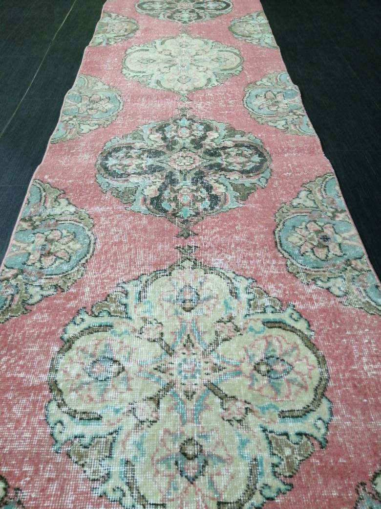 Muted Vintage Runner Rug 2.6 x 12.7 Hallway Runner Rug Kitchen Runner Rug Wool Runner Rug Oushak Runner Rug Turkish Floral Runner Rug