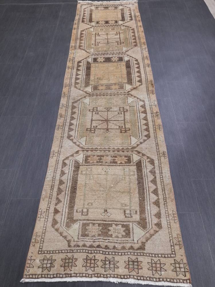 MUTED Oriental Runner Hand Knotted Runner Antique TURKISH Runner 2.7 x 10.7 Vintage Runner Rug Muted Vintage Runner Rug Kitchen Runner