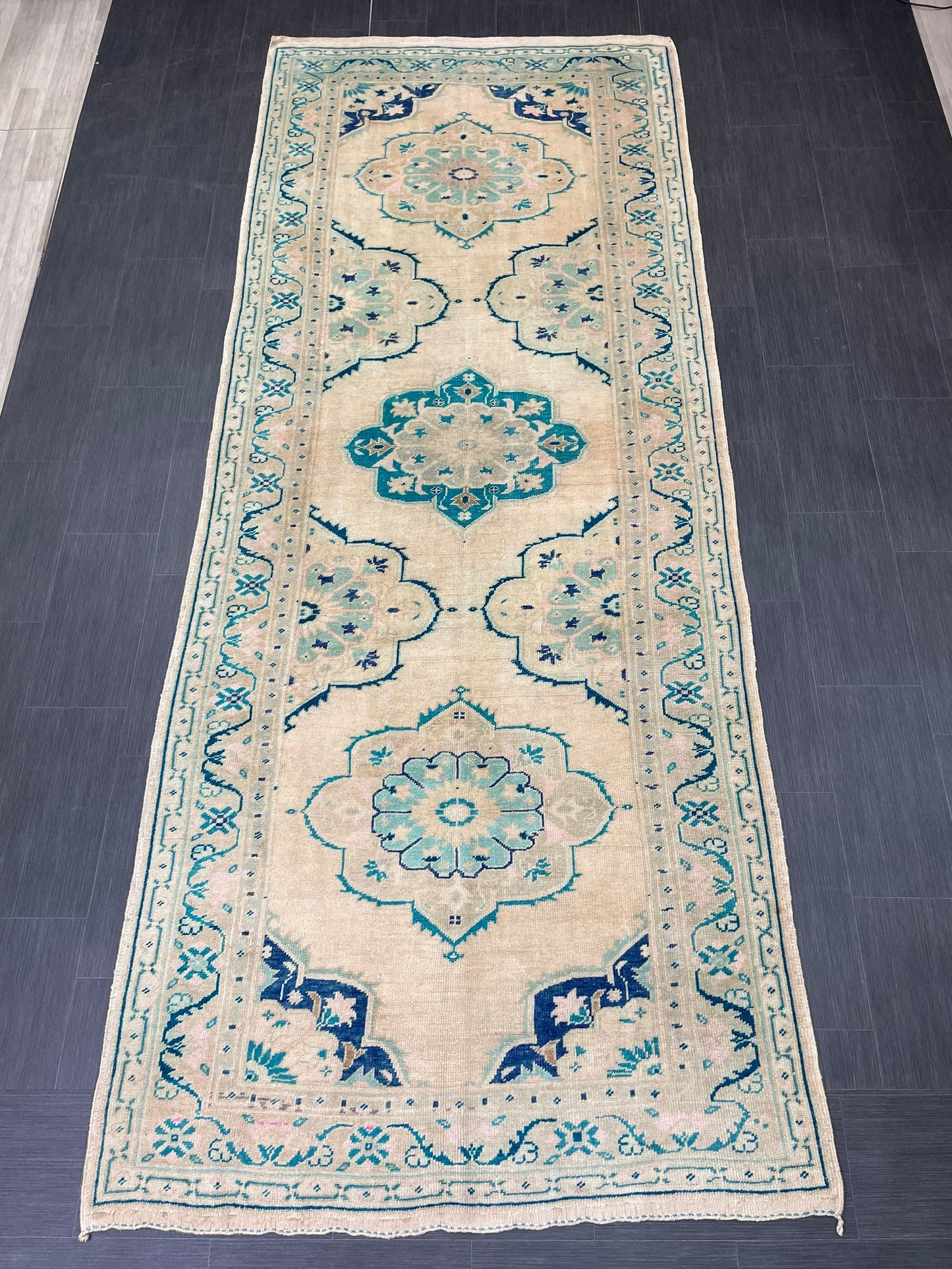 Muted Hand Knotted Rugs 4.7 x 11.8 Handmade Rug, WOOL Oushak Rug Rustic Rug Runner, Turkish Rug Farmhouse Rug Vintage Rug Wool rug