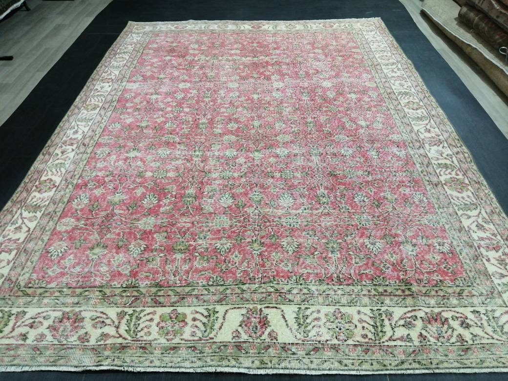 Vintage RUG 7.4 x 10.4 Vintage TURKISH Rug Persian Vintage Rug Floral Oushak Rug Large Hand Made Rugs Vintage Turkish Pink Rug 7x10