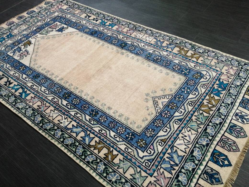 Muted Turkish Vintage Hand Made Rug, 3.7 x 7 Oushak Rug, Rustic Rug, Muted Rug, Vintage Turkish Rug, Farmhouse Rug, Vintage Rug, Wool rug