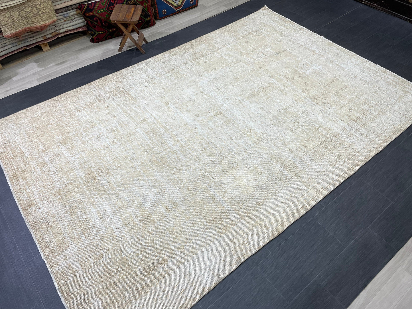 Neutral Vintage Rug Muted TURKISH 7 x 10.4 Rug Handmade Rug Distressed Rug Large Turkish Oushak Rug Wool Rug Hand Knotted Rug