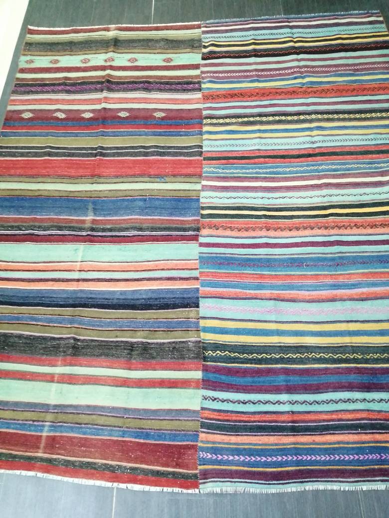 8.4 x 10 Oriental Vintage Flat woven Rug, Flatweave Carpet , Stripped Flatweaving, Boho Rug, Farmhouse Rug, Turkish Kilim Rug