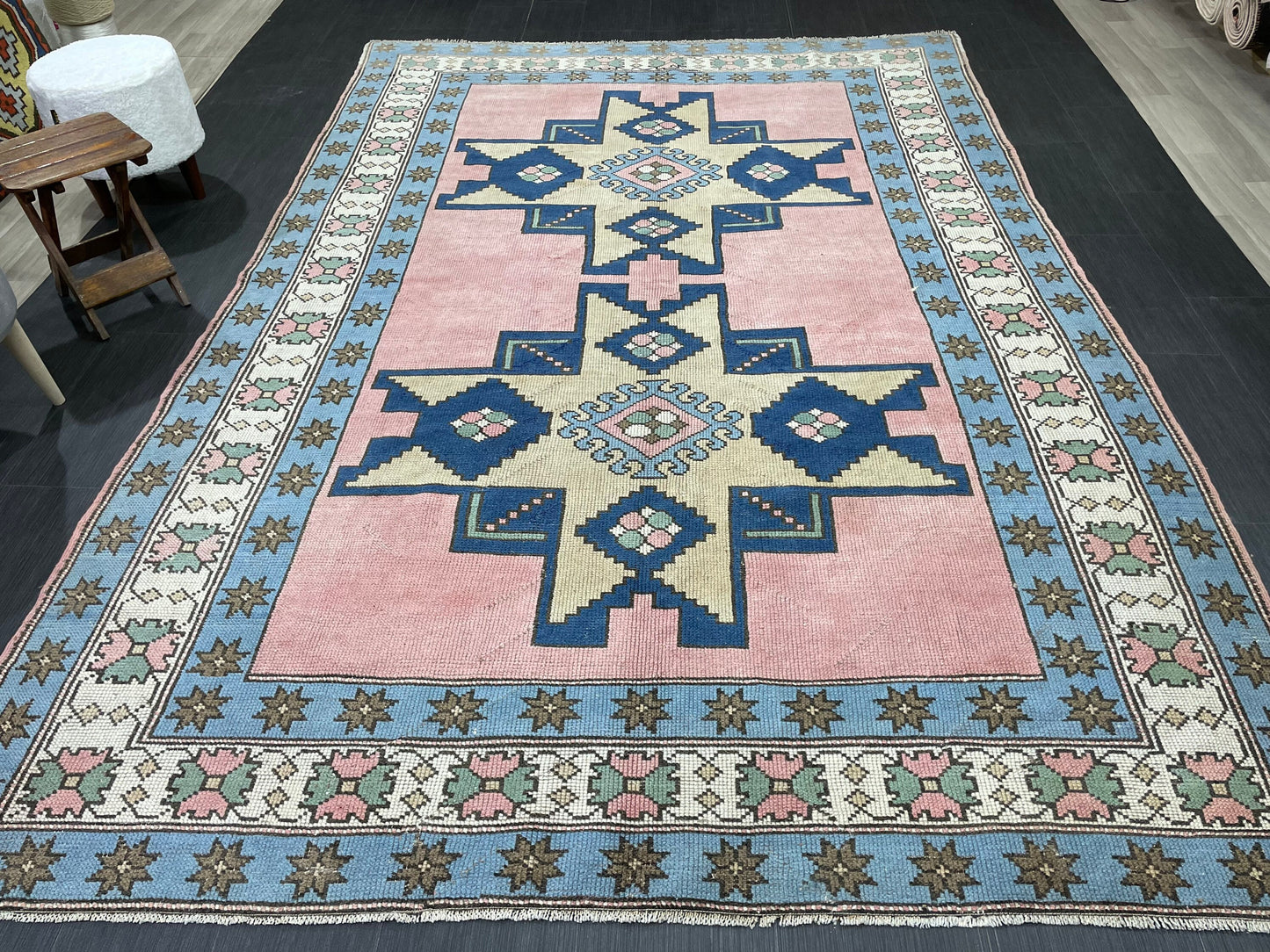 Wool OUSHAK RUG TURKISH 6.6 x 10 Rug Vintage Oriental Rug Vintage Handmade Rug Wool Vintage Pink and Blue Rug Hand Knotted Rug