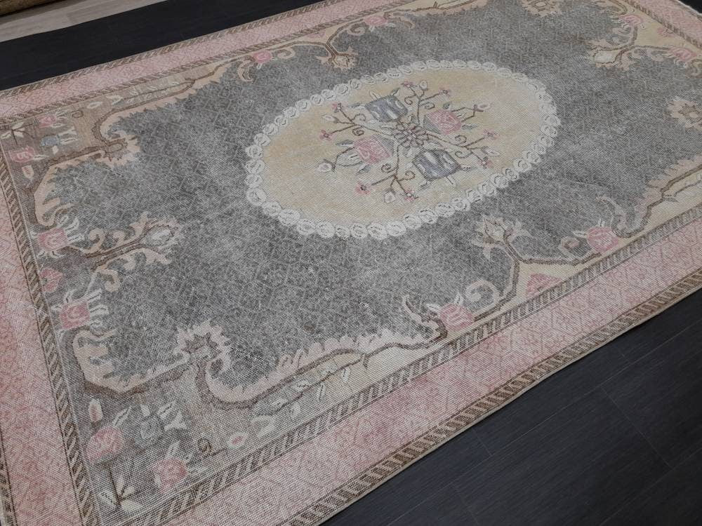 Floral Vintage OUSHAK RUG Antique TURKISH Rug Vintage Distressed Oriental Rug 6.6 x 10.4 Wool Rug Hand Made Vintage Rug 7x10 Turkish Rug