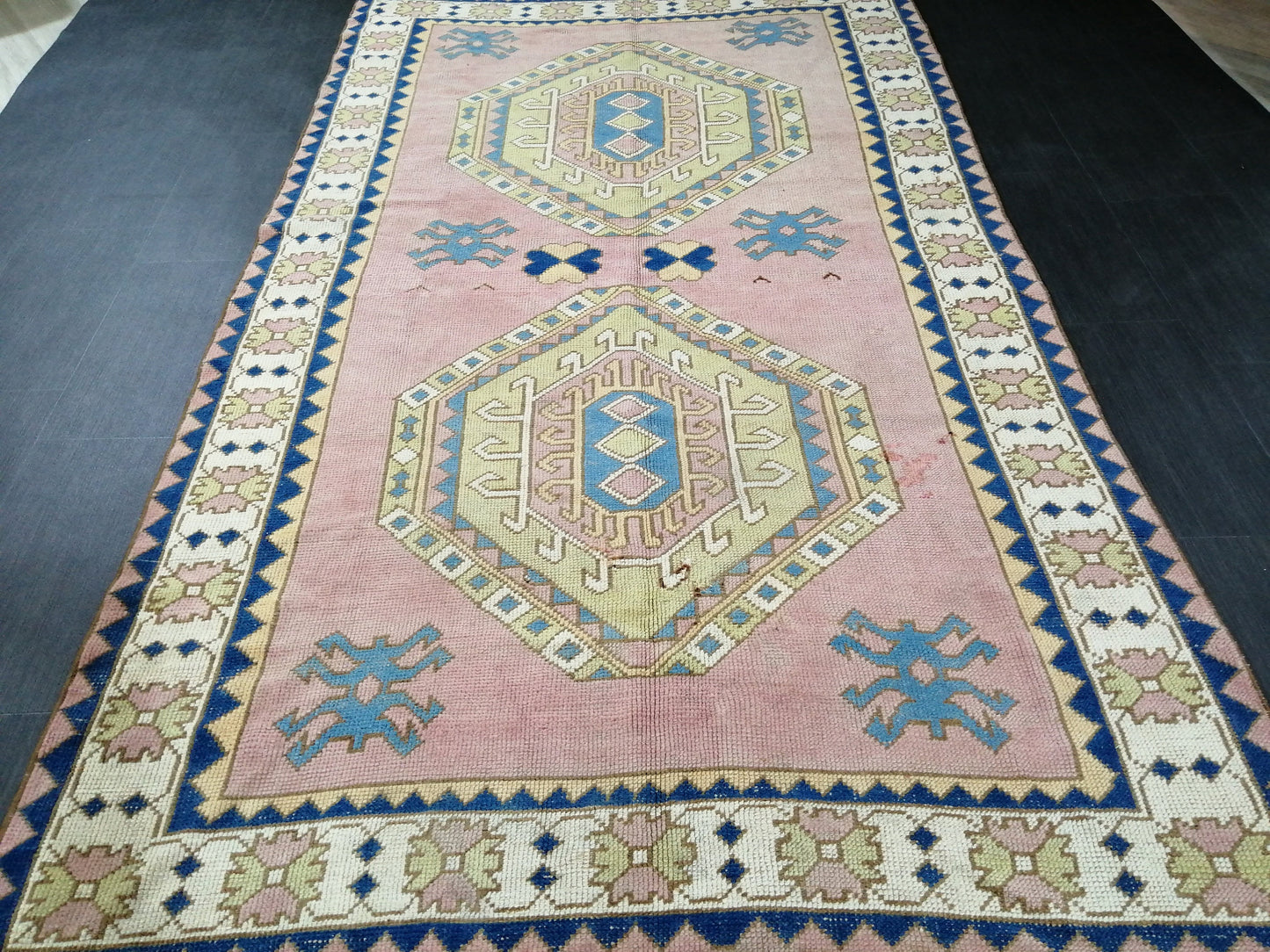 Pink and Blue Vintage RUG 9 x 6 TURKISH Rug Vintage Oushak Rug Vintage Rug Wool Oushak Rug Hand Made Rugs Vintage Turkish Rug