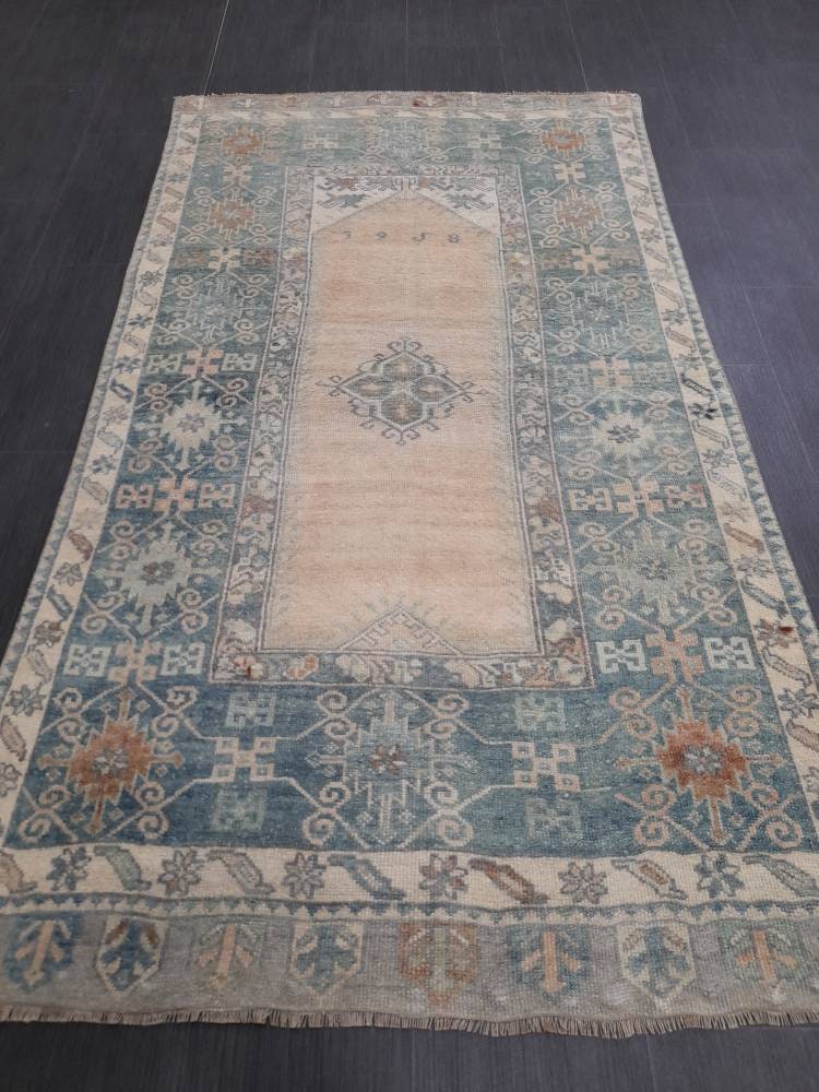 Muted Vintage RUG 3.7 x 6.6 TURKISH Rug Distressed Vintage Rug Wool Oushak Rug Large Hand Made Rugs Vintage Turkish Rug Hand Knotted Rug