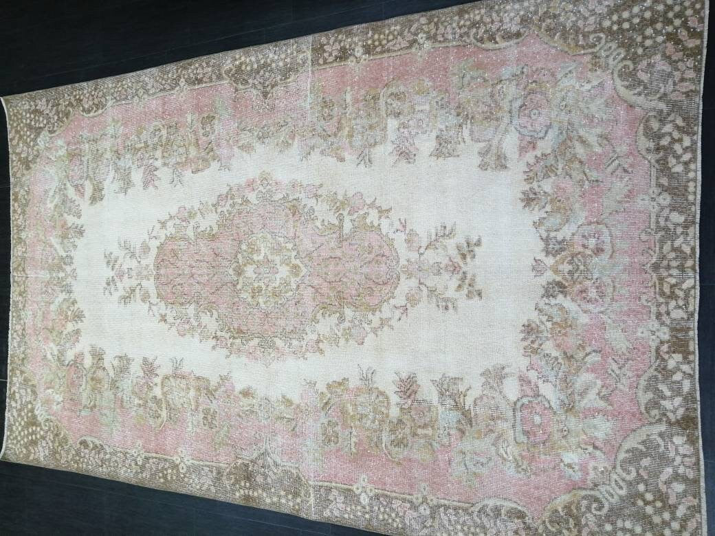 Pink Vintage RUG 5.8 x 9.5 Vintage TURKISH Rug Vintage Oushak Rug Vintage Pink Persian Rug Wool Oriental Rug Hand Made Muted Oriental rug