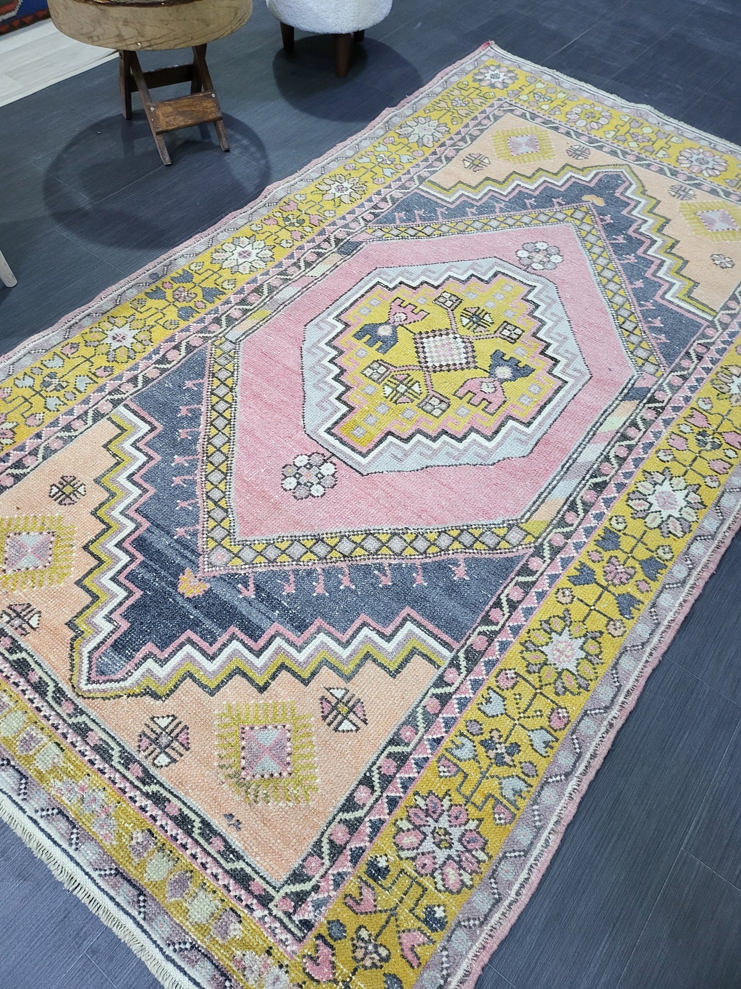 Vintage Rug, TURKISH 4.2 x 7.4 HANDMADE Rug, Vintage Turkish Rug, Oushak Rug, Turkish Oushak Rug, Vintage Handknotted Rug, Wool Rug