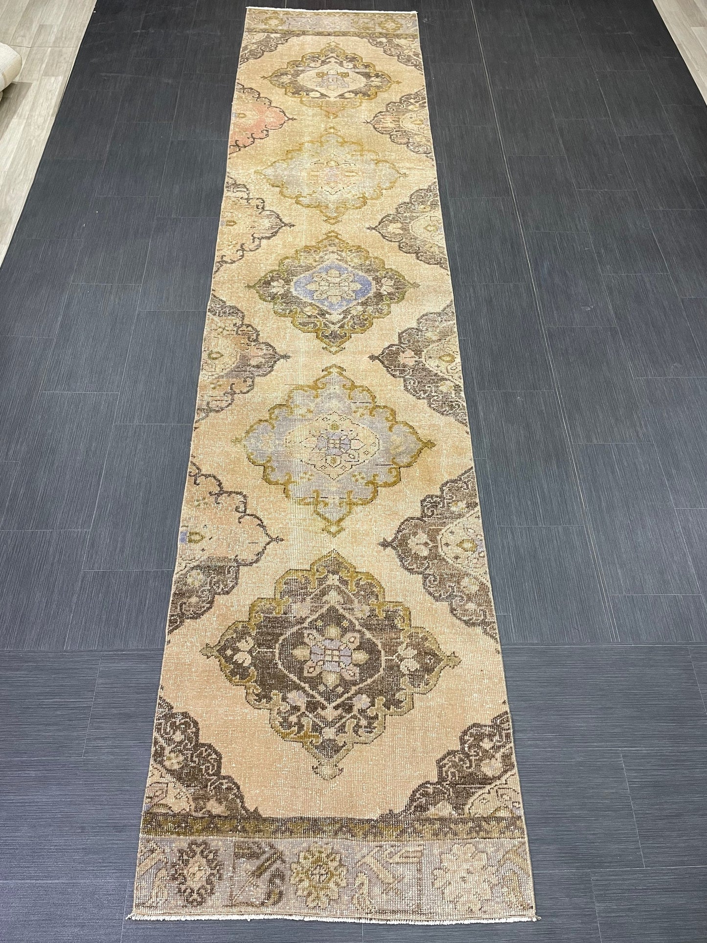MUTED Hand Knotted Runner Entry Runner TURKISH Runner 2.8 x 12.8 Vintage Hallway Runner Rug Muted Runner Rug Kitchen Rug Runner