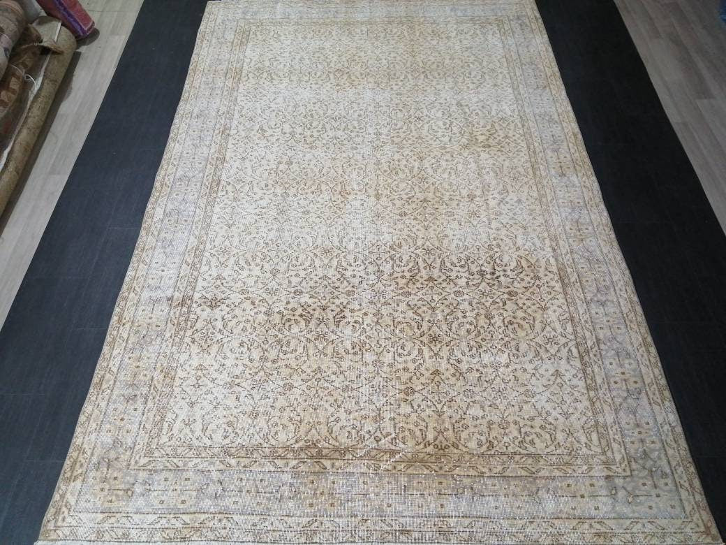 Muted Vintage Rug Neutral 6.5 x 10 Oushak Rug Vintage Rug Wool Oushak Rug Neutral Hand Made Rugs Vintage Turkish Rug 7x10