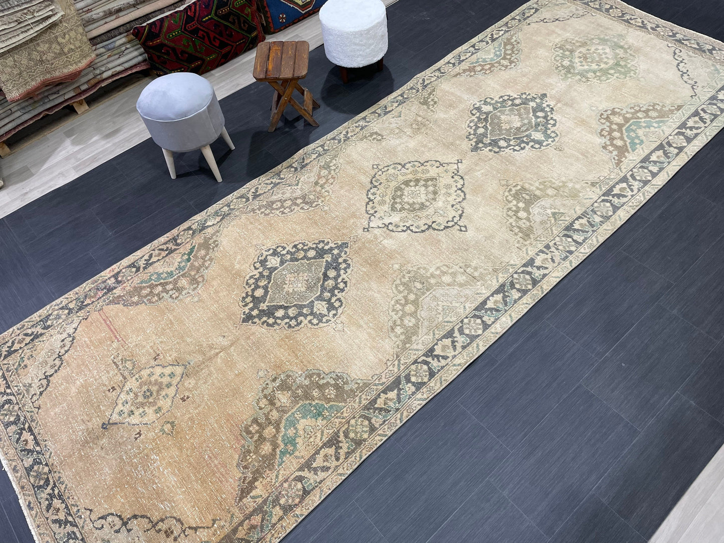 Muted Vintage Runner Rug Vintage Oushak Runner Rug 4.7 x 13 Hallway Runner Rug Turkish Kitchen Runner Rug Antique Wool Oriental Runner Rug