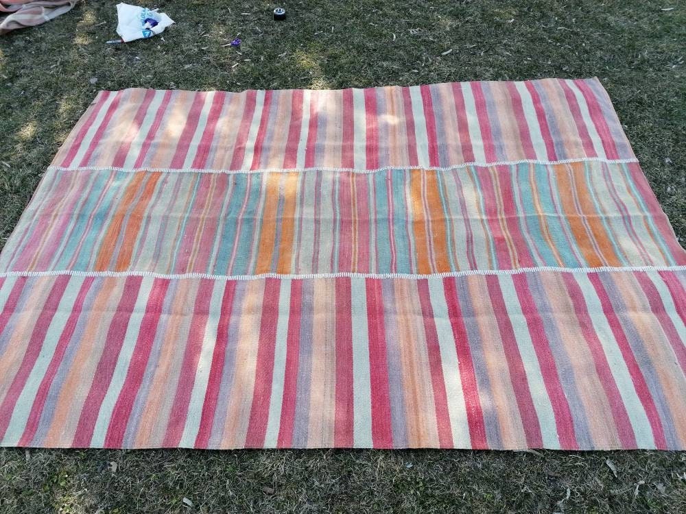 Flatwoven kilim rug 6'4x8'8 stripe hand made rugs, vintage turkish rugs oushak rug vintage oushak rug, wool rug
