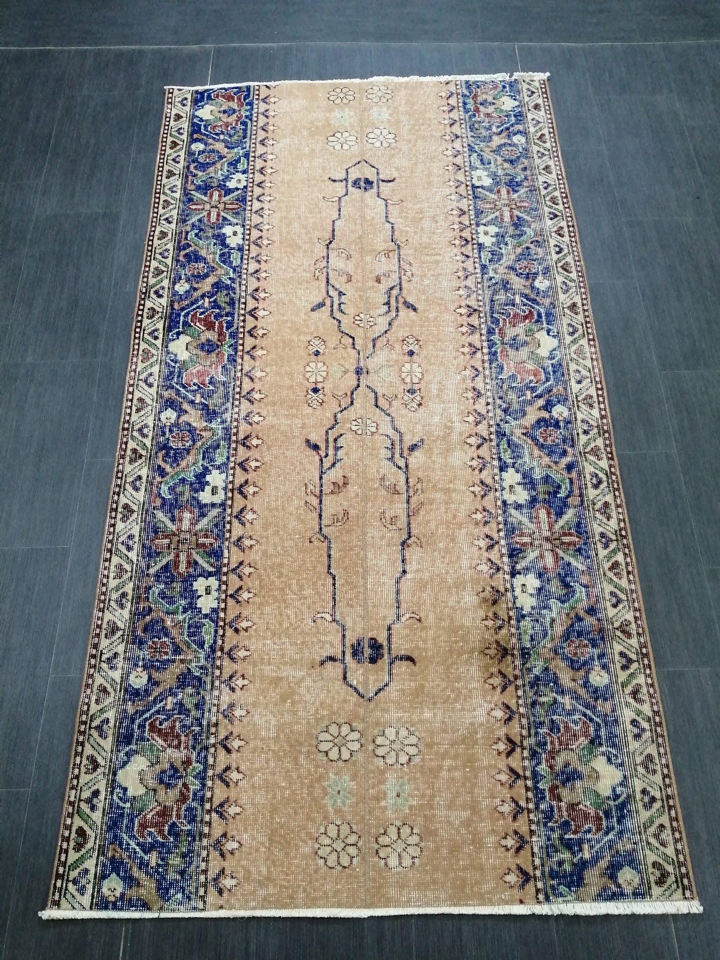 3.7 x 7.2 Blue Runner Rug, Hand Made Rug, Oushak Rug, Boho Rug, Rug Runner, Turkish Rug, Farmhouse Rug, Vintage Rug, Wool rug Oriental Rug