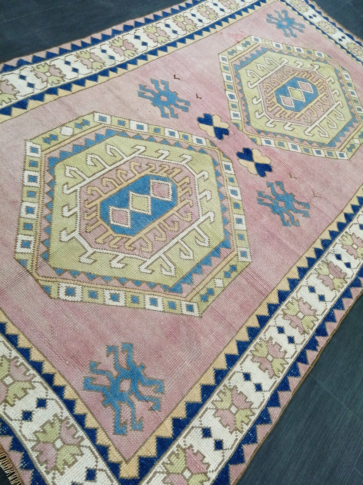 Pink and Blue Vintage RUG 9 x 6 TURKISH Rug Vintage Oushak Rug Vintage Rug Wool Oushak Rug Hand Made Rugs Vintage Turkish Rug