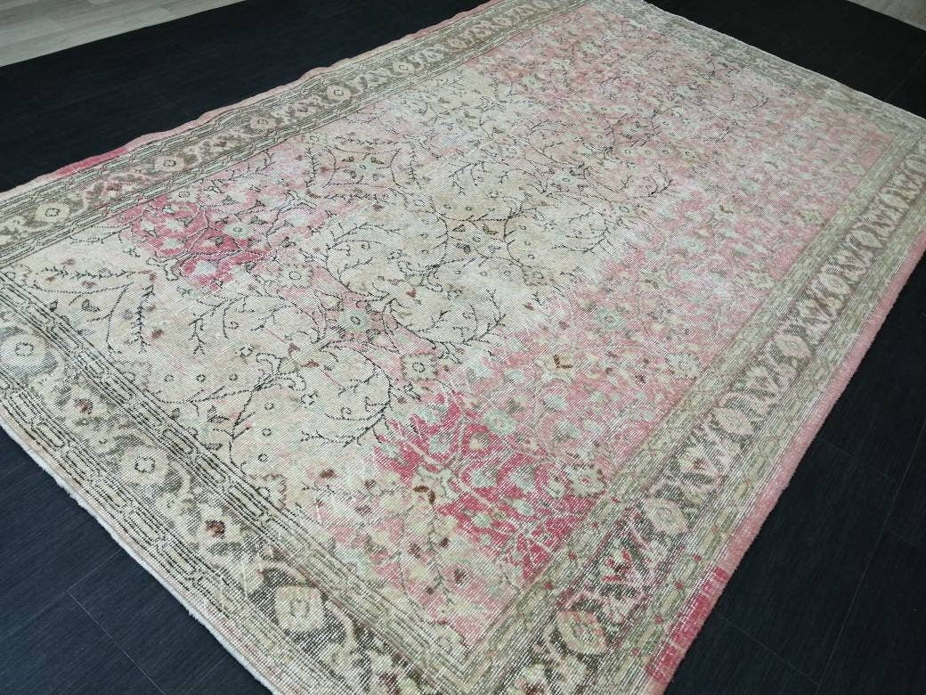 Pink Vintage RUG 9 x 5.7 TURKISH Rug Vintage Oushak Rug Vintage Rug Wool Oushak Rug Hand Made Rugs Vintage Turkish Rug 6x9 rug