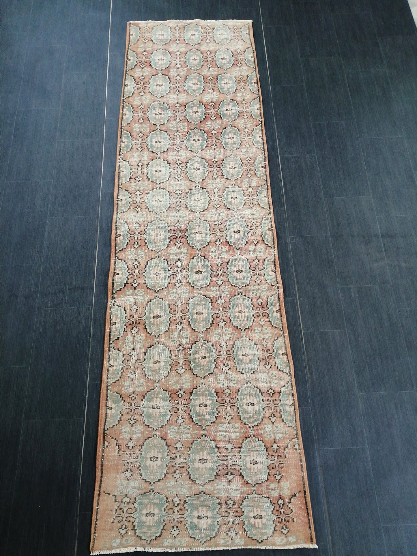 Muted Oushak Runner Rug 2.7 x 9.4 Distressed Runner Rug Vintage Runner Rug Hallway Runner Rug Kitchen Runner Rug Wool Runner
