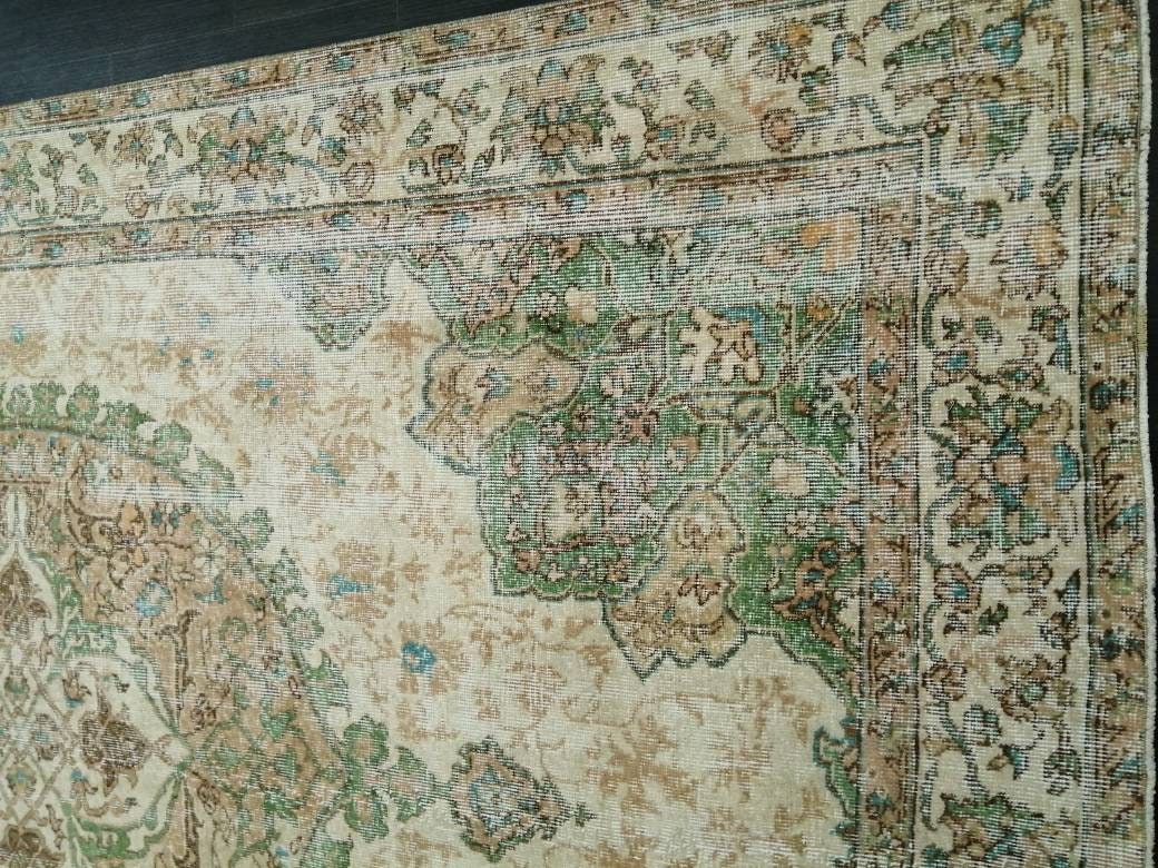 OUSHAK RUG Persian Rug 6.8 x 10.4 TURKISH Rug Vintage Wool Rug Muted Vintage Oriental Rug Wool Oushak Rug Hand Made Rugs Green Vintage Rug
