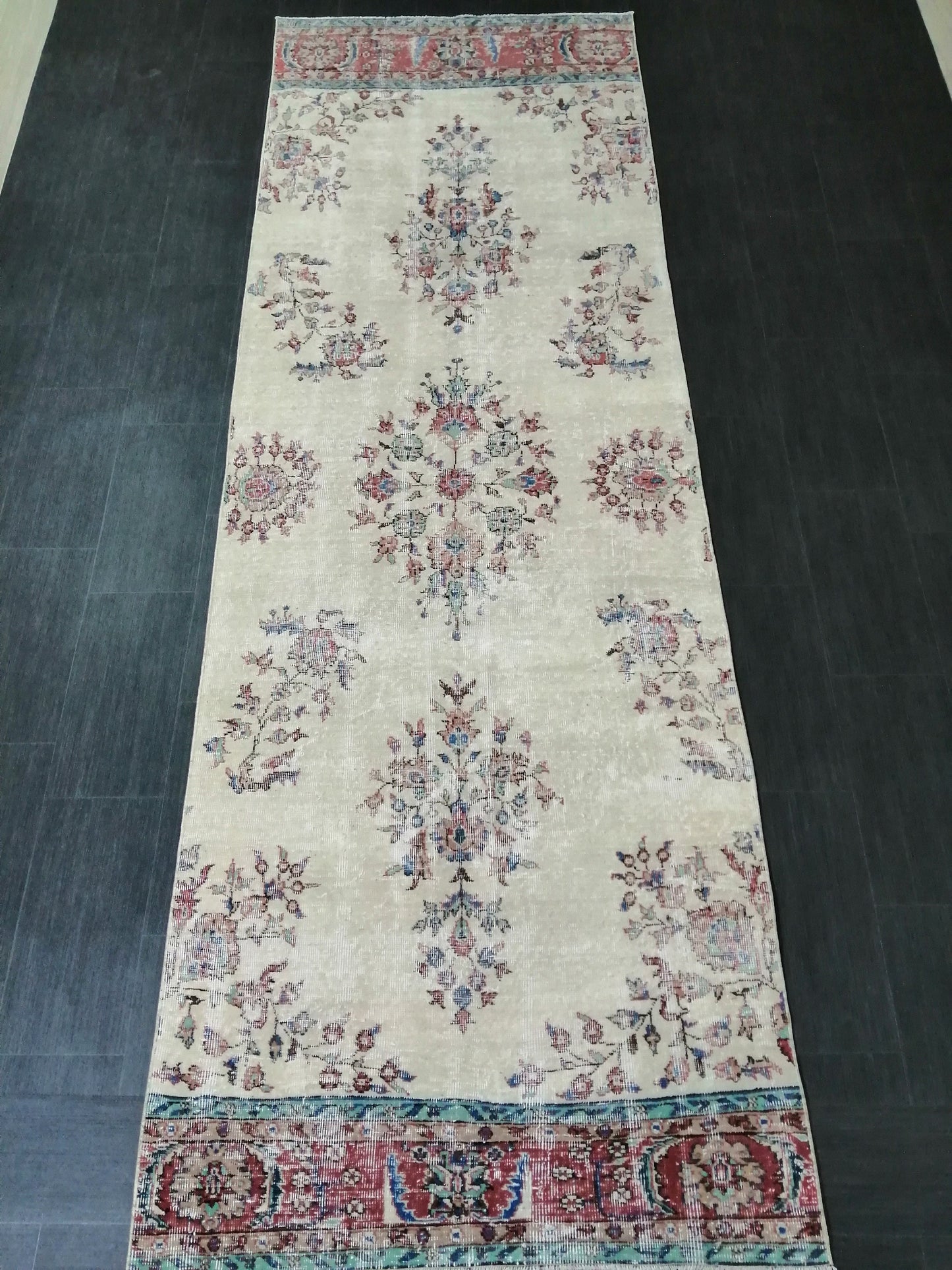 Distressed OUSHAK RUG 11.6 x 3.8 Muted Vintage Runner Rug Vintage Runner Rug Wool Oushak Rug Vintage Turkish Runner Rug