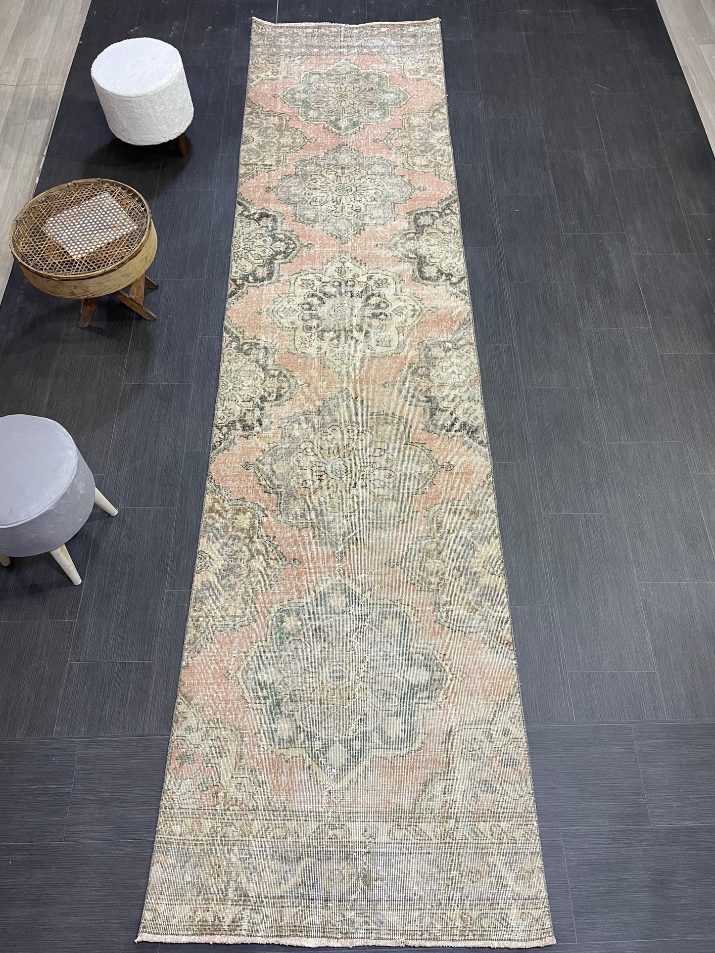 Hand Knotted Runner Rug, Antique Runner Rug, TURKISH Runner 3 x 12.7, Vintage Runner Rug, Distressed Runner Rug Kitchen Runner