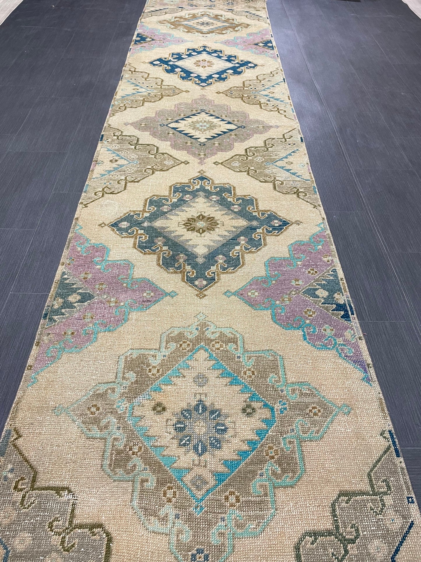 Hand Knotted Vintage Runner Rug 2.9 x 13.3 ft Muted Turkish runner rug Oushak Runner Hallway Rug runner Hand Knotted Star Runner Rug