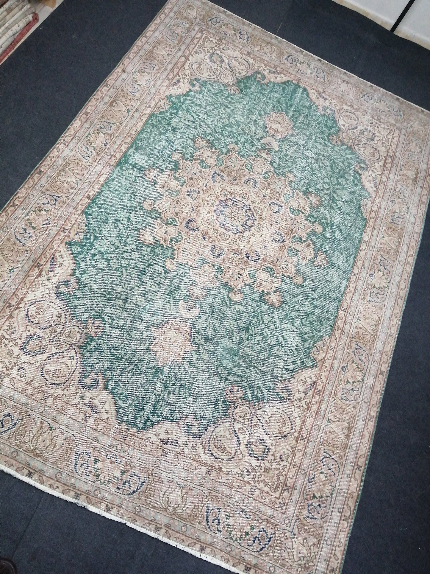 7 x 10.4 OUSHAK RUG Green TURKISH Oushak Rug Vintage Oushak Runner Rug Vintage Runner Rug Wool Oushak Rug Hand Made Rugs Vintage Turkish Rug
