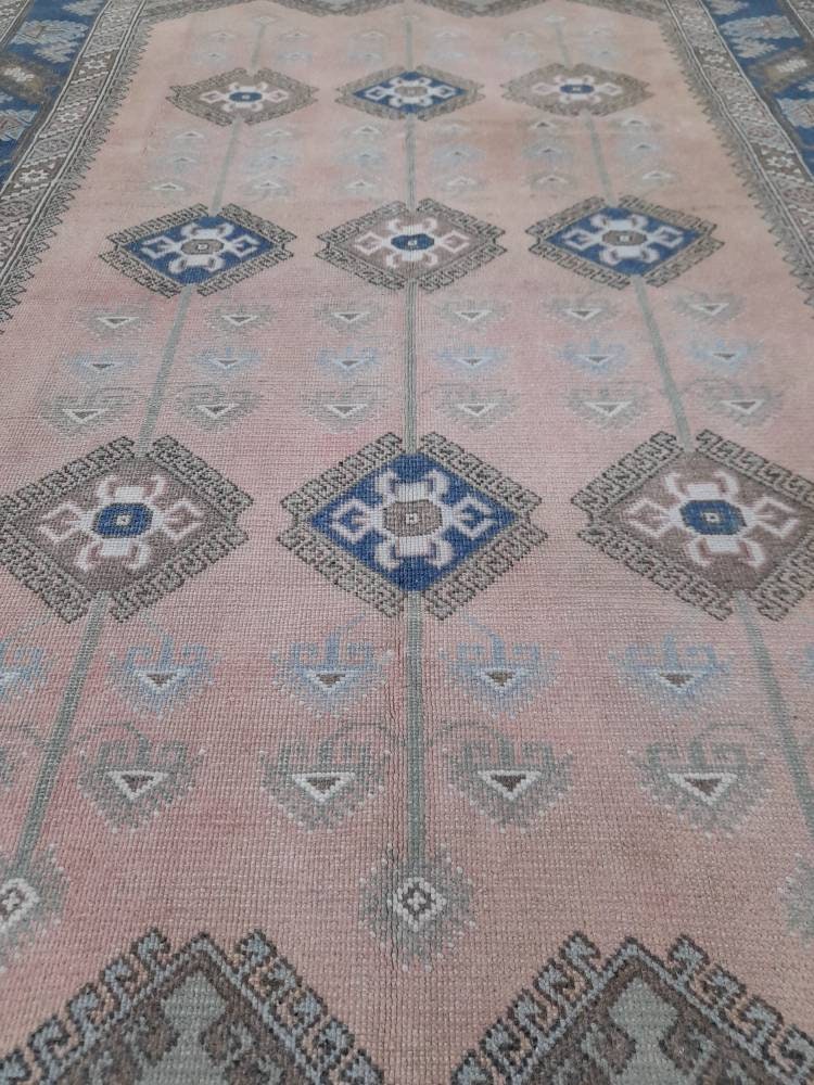 Oriental RUG 6.3 x 9.5 Oushak Rug Blue And Light Pink Persian Rug Vintage Rug Soft Wool Rug Antique Turkish Rug Muted Quality Turkish Rug