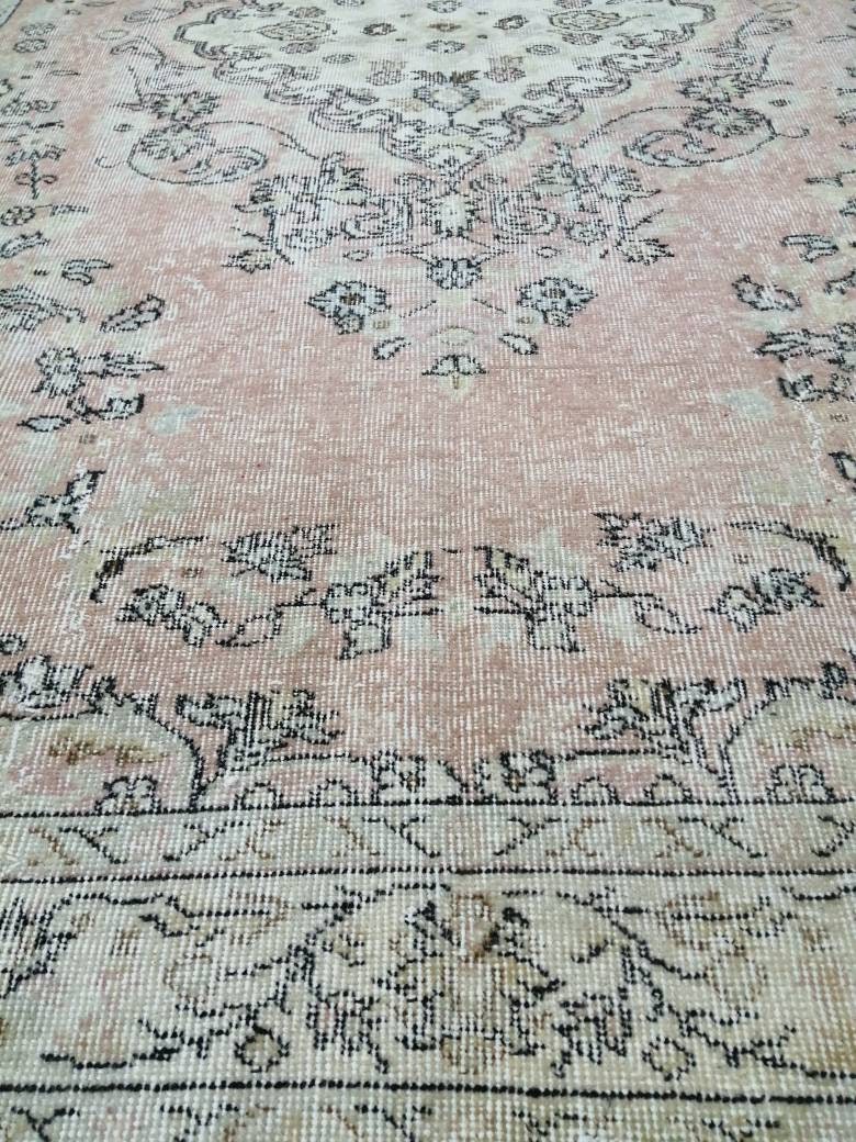 Soft Pink Vintage Turkish Rug 5.2 x 8.9 Vintage Persian Rug Muted Oriental Rug Wool Oushak Rug Hand Made Rugs Vintage Turkish