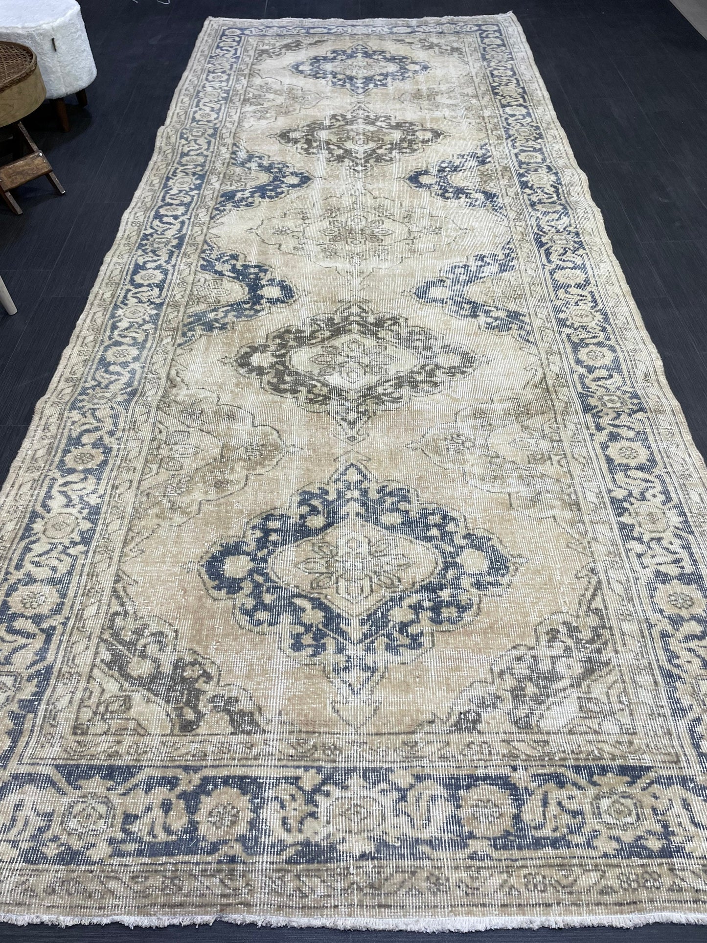 Muted Oushak Runner Rug, Muted Vintage 4.8 x 11.7 Runner Rug, Hallway Runner Rug, Kitchen Runner Rug Wool Runner Rug, Handmade Runner Rug