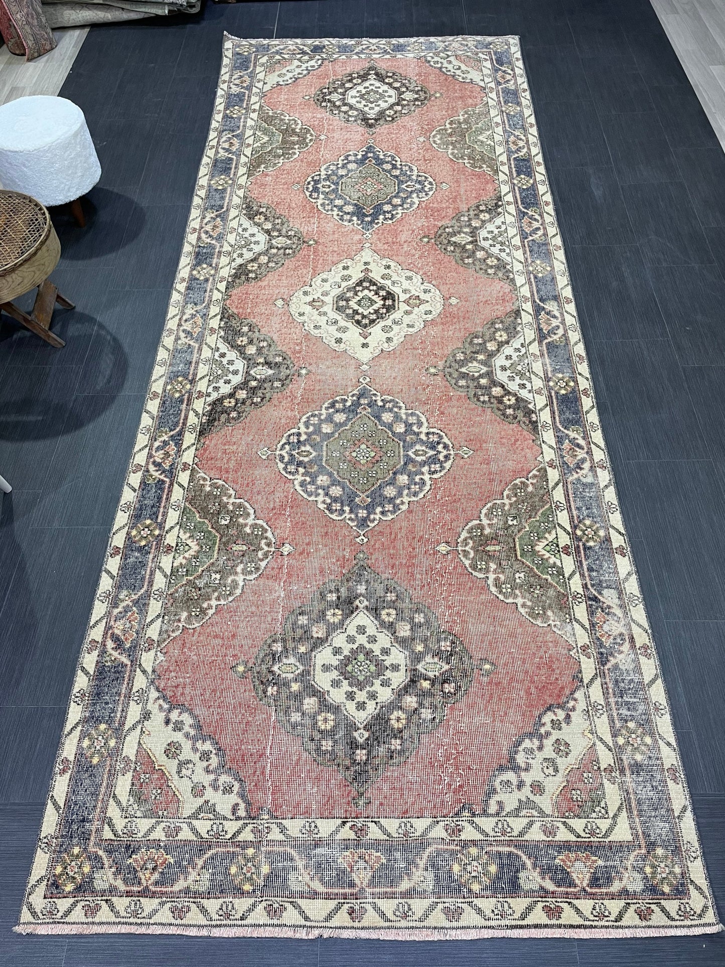 Wool Hand Knotted Runner Rug, Turkish 4.6 x 12.4 Runner Rug, Vintage Runner Rug, Hallway Runner Rug Kitchen Runner Rug, Oushak Runner Rug