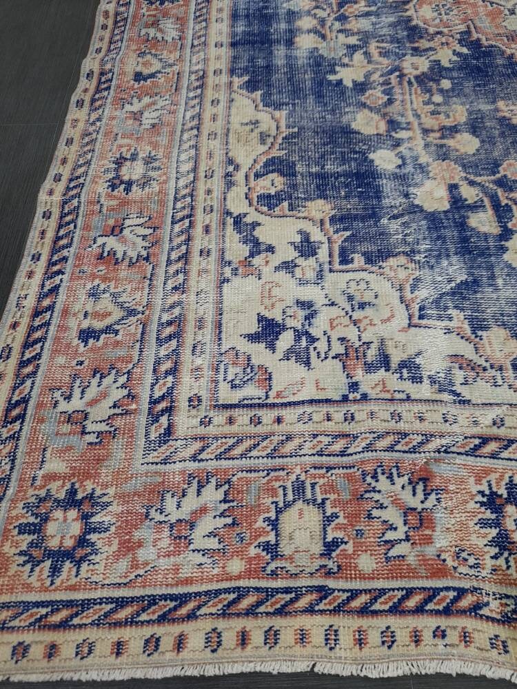 Antique Distressed RUG Wool Distressed TURKISH Rug 6.6 x 9.6 Blue Vintage Rug Vintage Rug Wool Oushak Rug Hand Made Rug Hand Knotted Rug
