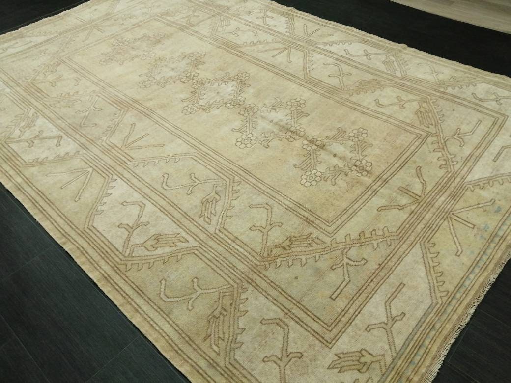 Muted Vintage RUG 6.4 x 9.4 TURKISH Rug Distressed Vintage Rug Wool Oushak Rug Large Hand Made Rugs Vintage Turkish Rug 7x10