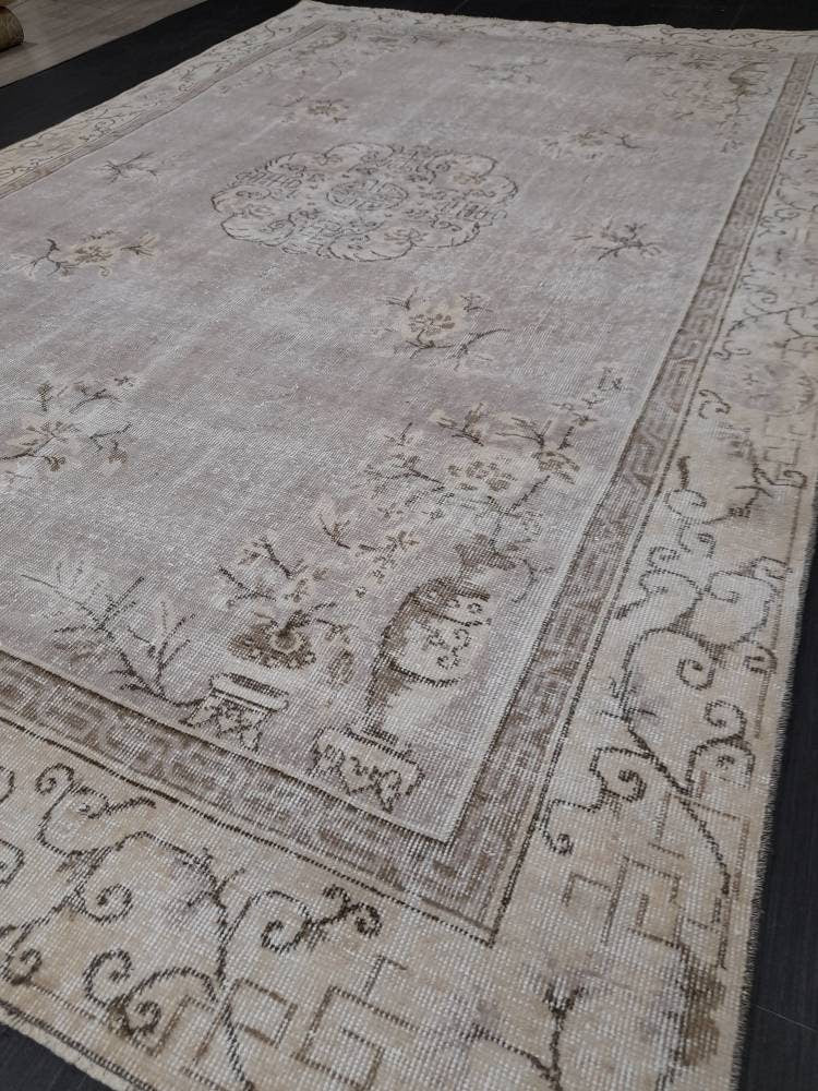 Muted Turkish Vintage Rug 6.5 x 10 Hand Knotted Oushak Rug Rustic Rug, Muted Rug, Vintage Turkish Rug Farmhouse Rug Vintage Rug Wool rug