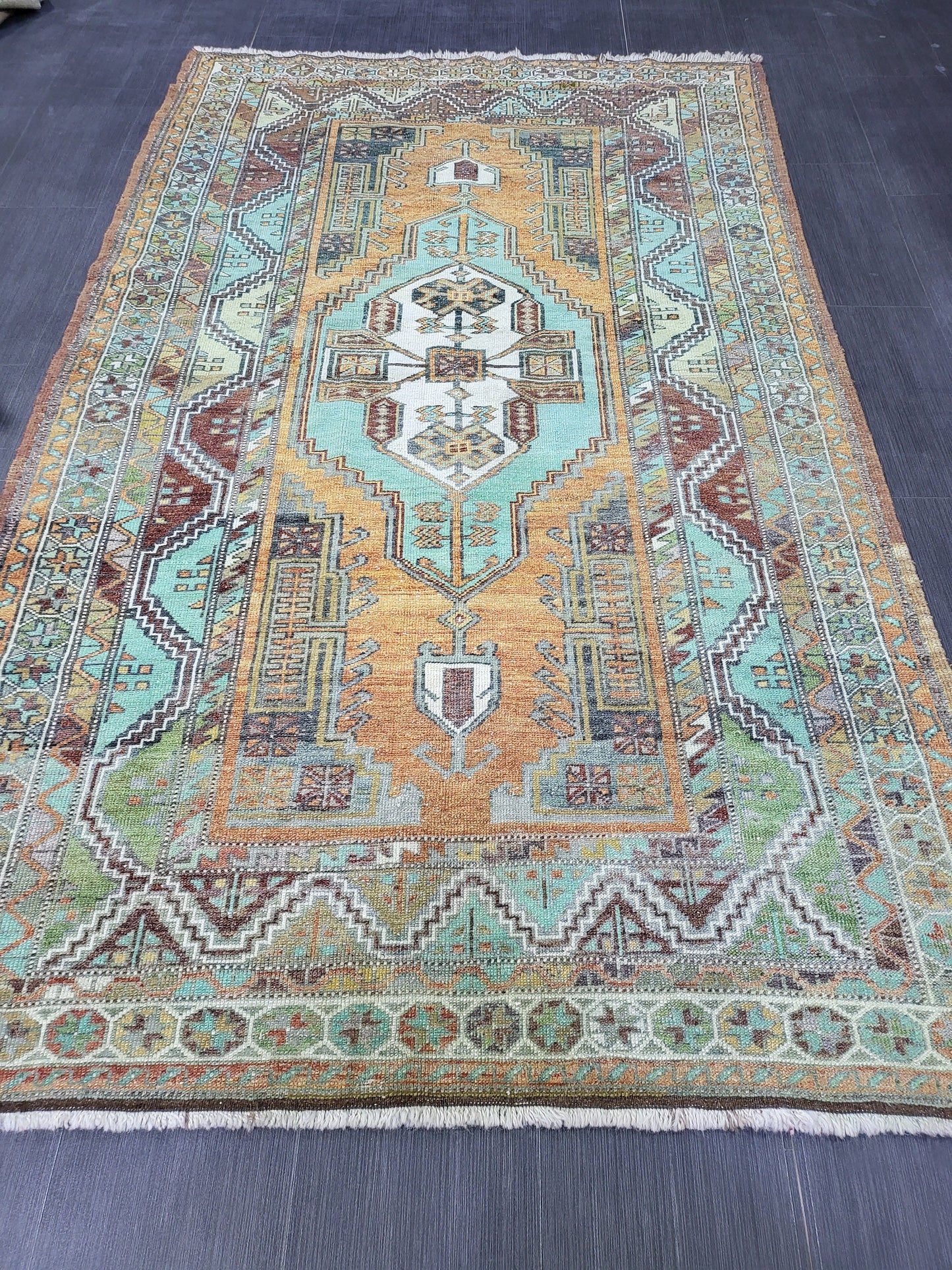 4.9 x 7.9 Rug, Handmade Rug, Oushak Rug, Anatolian Rug, Hand Knotted Turkish Rug, burnt orange and turquoise Rug, Vintage Rug, Wool rug