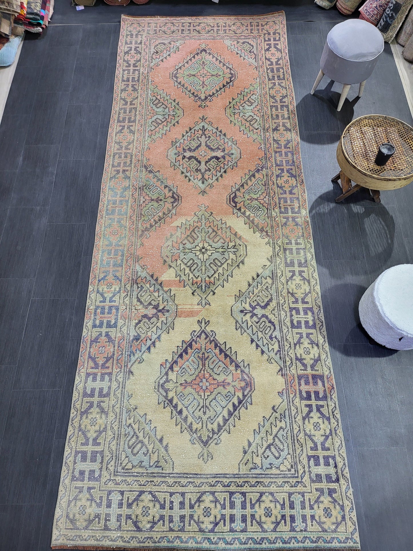 Hand Knotted Runner Rug, Turkish 4.4 x 11.10 Runner Rug, Vintage Runner Rug, Hallway Runner Rug, Persian Runner Rug Wool Runner Rug