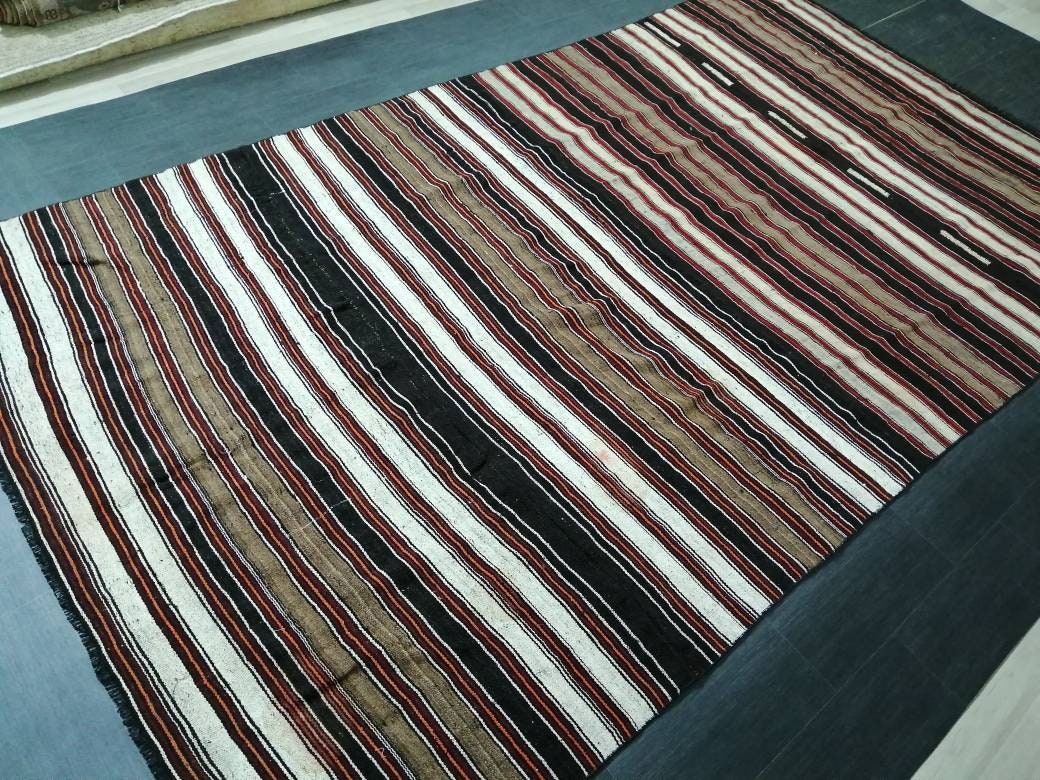 6.7 x 12 Vintage Oriental Flat woven Rug, Turkish Flatweave Carpet ,Stripe Oushak Flatweaving,Handmade Rug,Farmhouse Rug, Black rug Dark rug